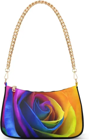 Rainbow Rose Flower Shoulder Handbags for Women Travel Hobo Tote Handbag Women Gold Chain Shoulder Bags Purse with Zipper Closure