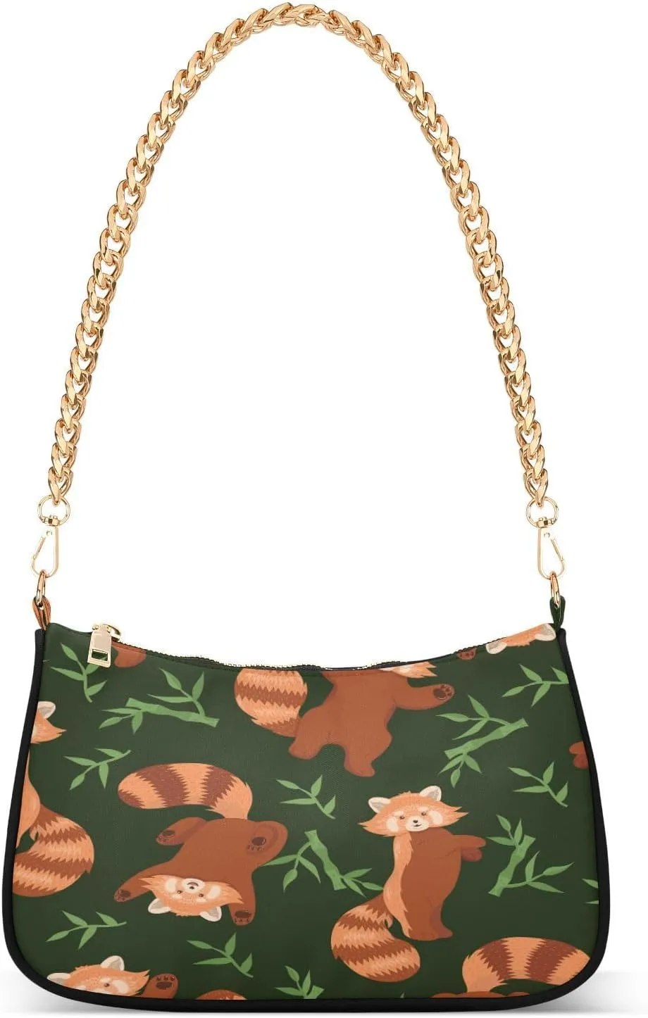 Red Brown Pandas Leaves Womens Shoulder Bag for Women Girls Hobo Tote Handbag Gold Chain Crossbody Bags with Zipper Clutch Purse Handbags