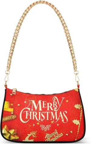 Red Christmas Decorate Shoulder Handbags for Women Travel Hobo Tote Handbag Women Gold Chain Shoulder Bags Purse with Zipper Closure