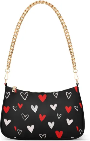 Red Hearts on Black Shoulder Handbags for Women Travel Hobo Tote Handbag Women Gold Chain Shoulder Bags Purse with Zipper Closure