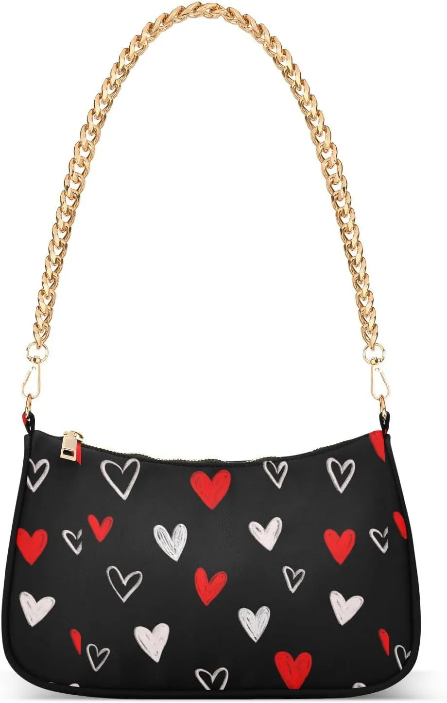 Red Hearts on Black Shoulder Handbags for Women Travel Hobo Tote Handbag Women Gold Chain Shoulder Bags Purse with Zipper Closure