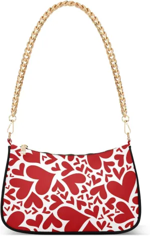 Red Hearts Seamless Pattern Shoulder Handbags for Women Travel Hobo Tote Handbag Women Gold Chain Shoulder Bags Purse with Zipper Closure