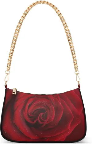 Red Rose Flower Shoulder Handbags for Women Travel Hobo Tote Handbag Women Gold Chain Shoulder Bags Purse with Zipper Closure