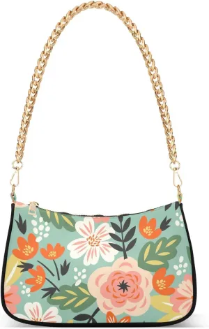 Roses Abstract Flowers Shoulder Handbags for Women Travel Hobo Tote Handbag Women Gold Chain Shoulder Bags Purse with Zipper Closure