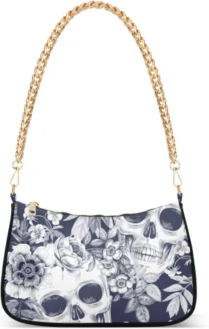 Scary Skull and Floral Shoulder Handbags for Women Travel Hobo Tote Handbag Women Gold Chain Shoulder Bags Purse with Zipper Closure
