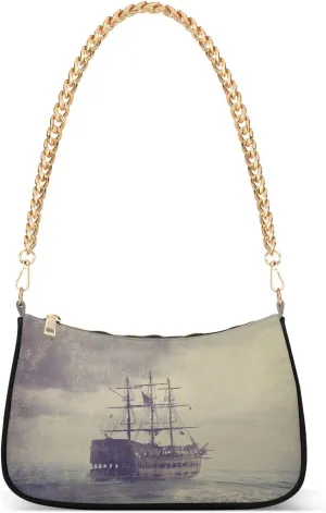Sea Old Pirate Ship Shoulder Handbags for Women Travel Hobo Tote Handbag Women Gold Chain Shoulder Bags Purse with Zipper Closure