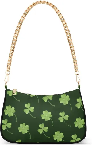 Shamrock Green Clover Leaf Shoulder Handbags for Women Travel Hobo Tote Handbag Women Gold Chain Shoulder Bags Purse with Zipper Closure
