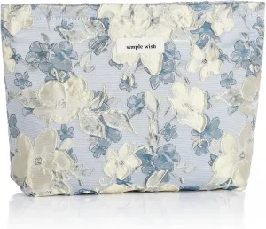Sightor Aesthetic Makeup Bag, Large Capacity Cosmetic Bag Canvas Floral Makeup Bag, Travel Pouch Make Up Purse Toiletry Storge Bag for Women (Blue Beige Flower)