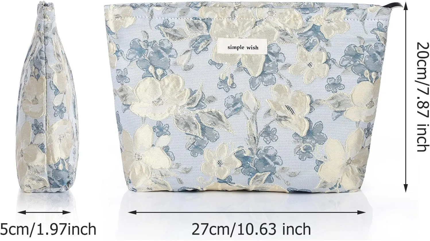 Sightor Aesthetic Makeup Bag, Large Capacity Cosmetic Bag Canvas Floral Makeup Bag, Travel Pouch Make Up Purse Toiletry Storge Bag for Women (Blue Beige Flower)