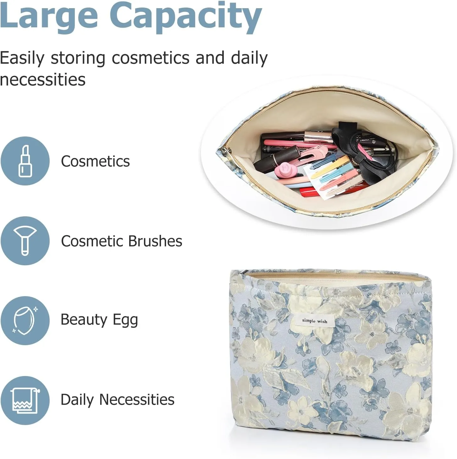 Sightor Aesthetic Makeup Bag, Large Capacity Cosmetic Bag Canvas Floral Makeup Bag, Travel Pouch Make Up Purse Toiletry Storge Bag for Women (Blue Beige Flower)