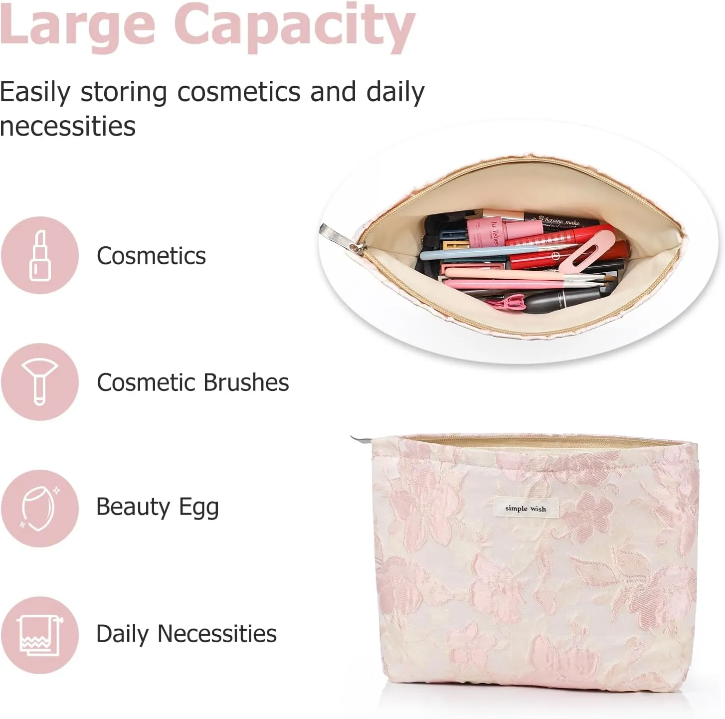 Sightor Aesthetic Makeup Bag, Large Capacity Cosmetic Bag Canvas Floral Makeup Bag, Travel Pouch Make Up Purse Toiletry Storge Bag for Women (Pink Flower)
