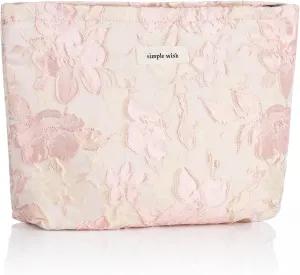 Sightor Aesthetic Makeup Bag, Large Capacity Cosmetic Bag Canvas Floral Makeup Bag, Travel Pouch Make Up Purse Toiletry Storge Bag for Women (Pink Flower)
