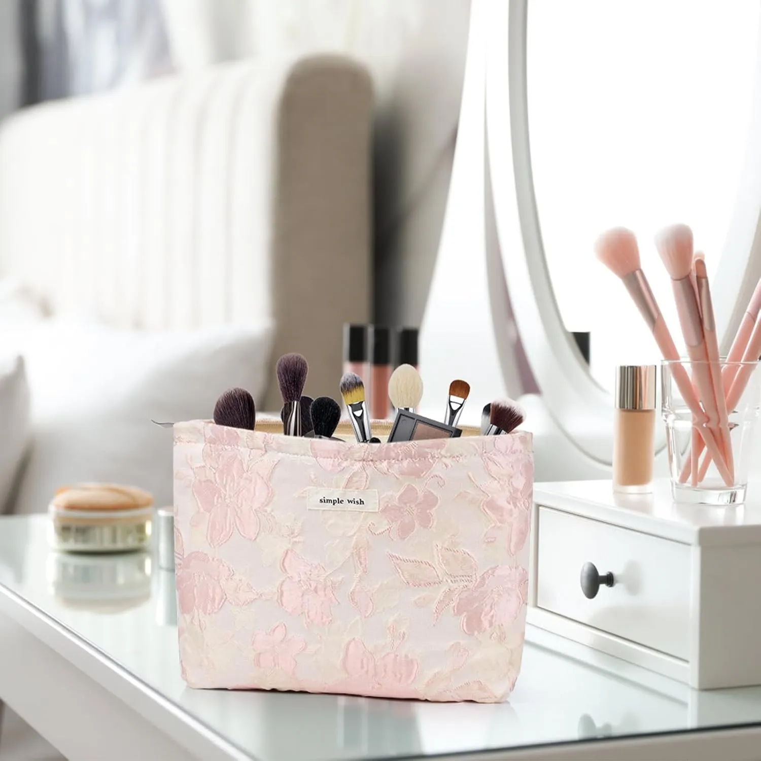 Sightor Aesthetic Makeup Bag, Large Capacity Cosmetic Bag Canvas Floral Makeup Bag, Travel Pouch Make Up Purse Toiletry Storge Bag for Women (Pink Flower)