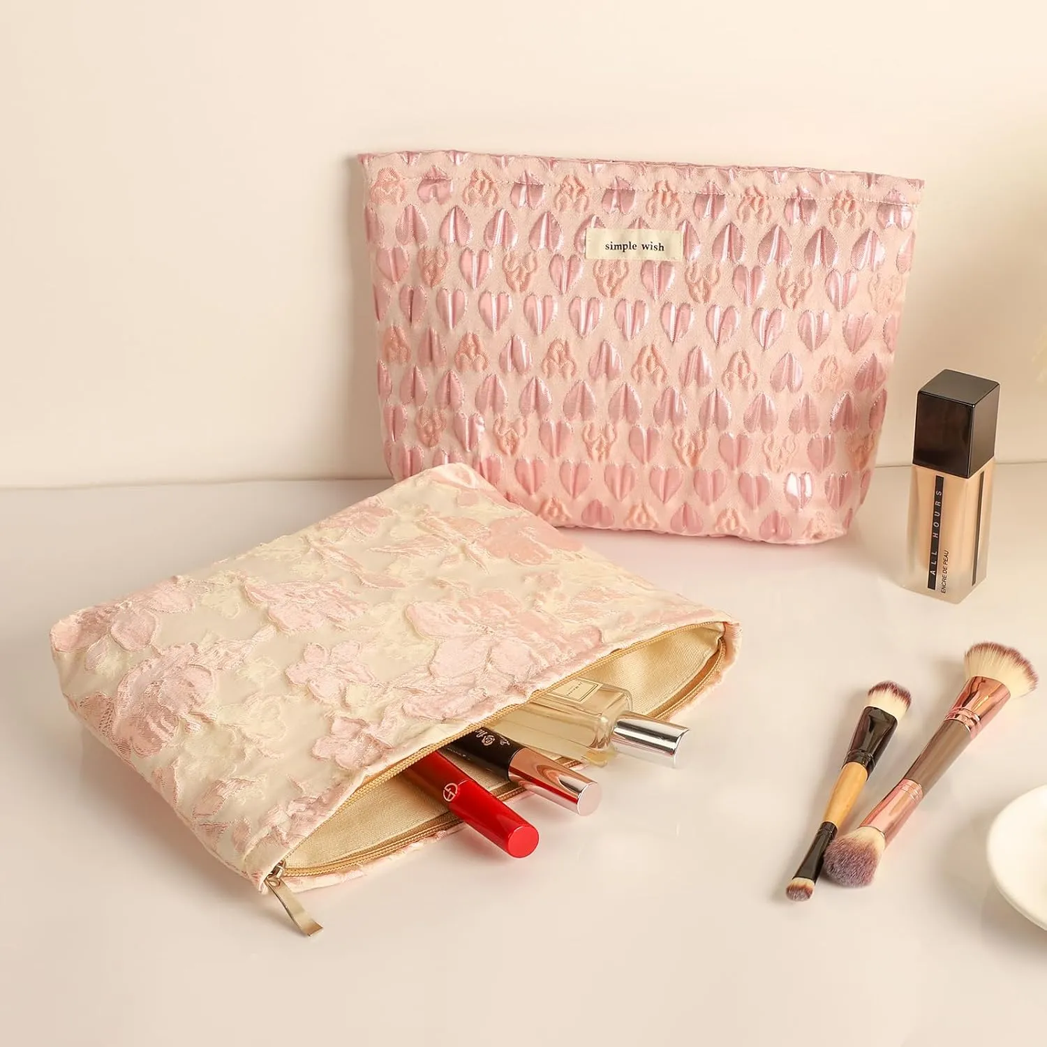 Sightor Aesthetic Makeup Bag, Large Capacity Cosmetic Bag Canvas Floral Makeup Bag, Travel Pouch Make Up Purse Toiletry Storge Bag for Women (Pink Flower)