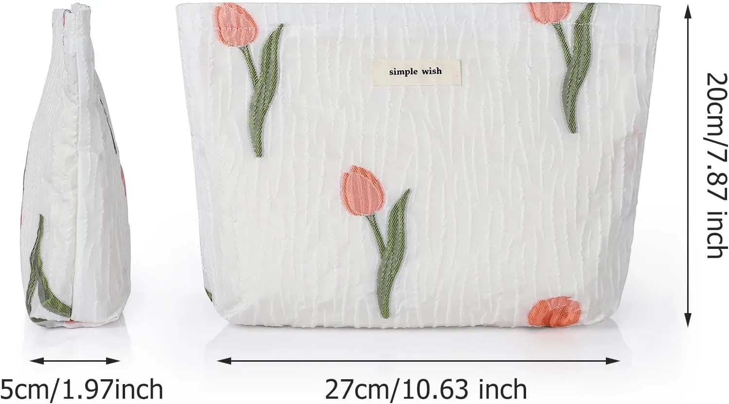 Sightor Aesthetic Makeup Bag, Large Capacity Cosmetic Bag Canvas Floral Makeup Bag, Travel Pouch Make Up Purse Toiletry Storge Bag for Women (White Tulip)