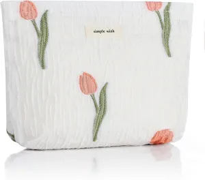 Sightor Aesthetic Makeup Bag, Large Capacity Cosmetic Bag Canvas Floral Makeup Bag, Travel Pouch Make Up Purse Toiletry Storge Bag for Women (White Tulip)