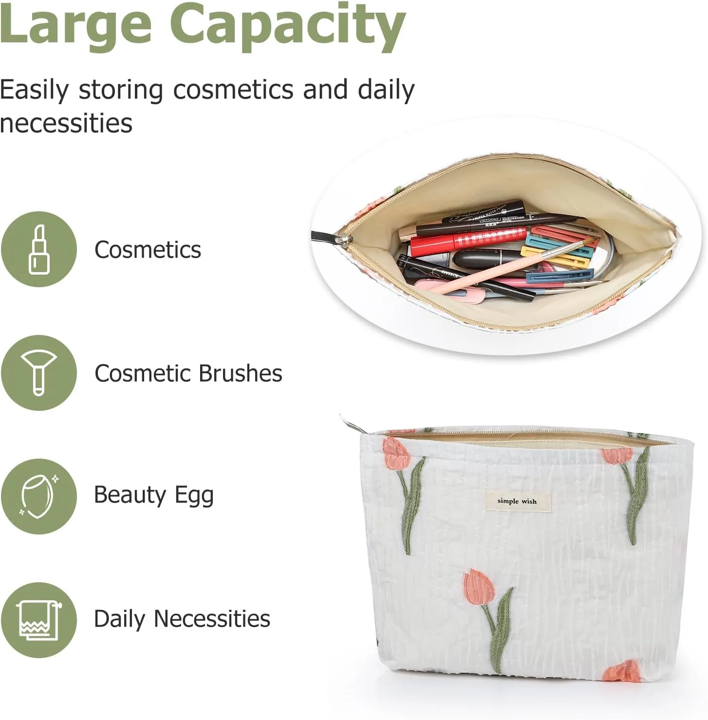 Sightor Aesthetic Makeup Bag, Large Capacity Cosmetic Bag Canvas Floral Makeup Bag, Travel Pouch Make Up Purse Toiletry Storge Bag for Women (White Tulip)