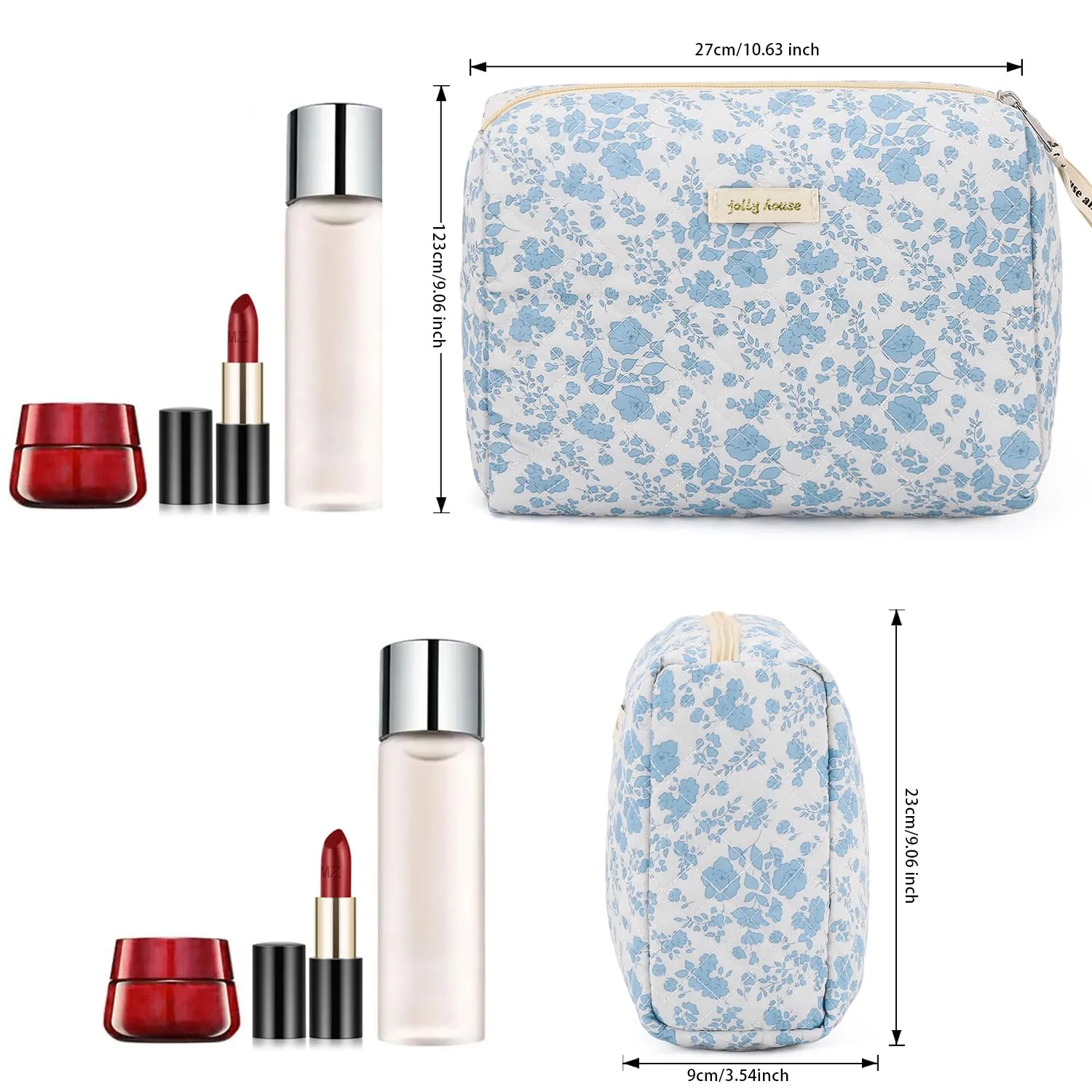 Sightor Cotton Makeup Bag, Kawaii Floral Cosmetic Bag Large Travel Toiletry Bag, Quilted Cosmetic Pouch for Women (Cerulean Blue)