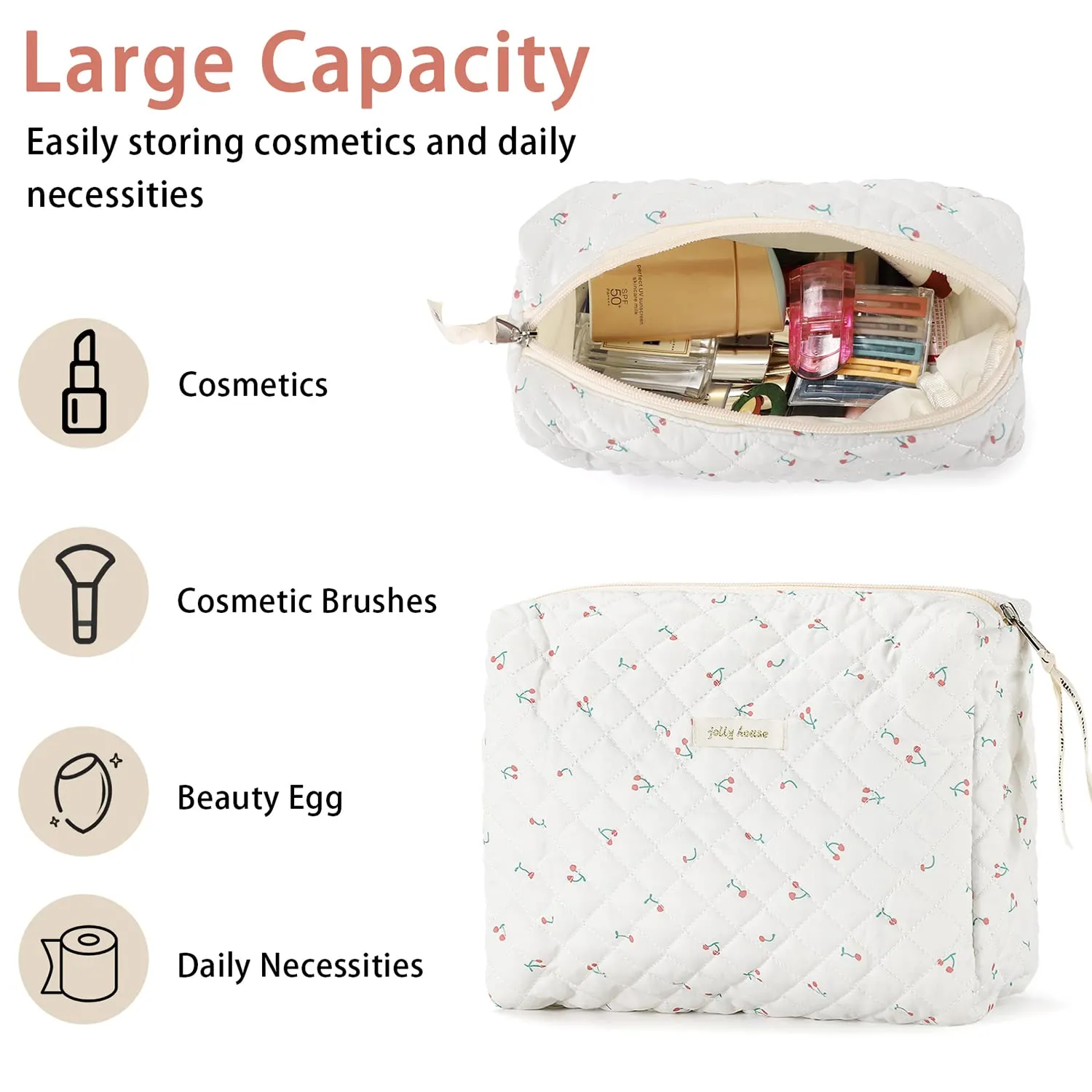 Sightor Cotton Makeup Bag, Kawaii Floral Cosmetic Bag Large Travel Toiletry Bag, Quilted Cosmetic Pouch for Women (White)