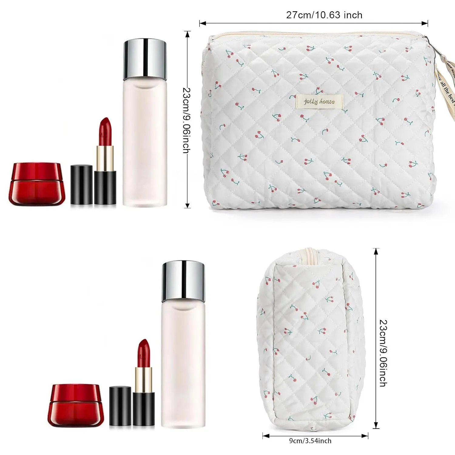 Sightor Cotton Makeup Bag, Kawaii Floral Cosmetic Bag Large Travel Toiletry Bag, Quilted Cosmetic Pouch for Women (White)