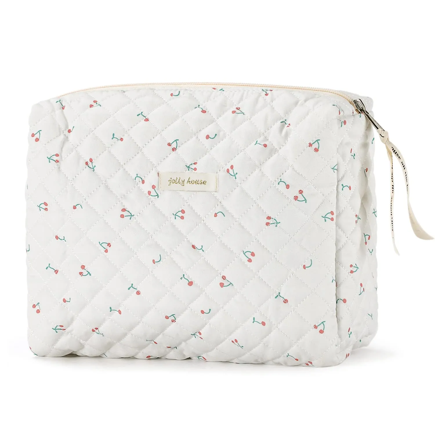 Sightor Cotton Makeup Bag, Kawaii Floral Cosmetic Bag Large Travel Toiletry Bag, Quilted Cosmetic Pouch for Women (White)
