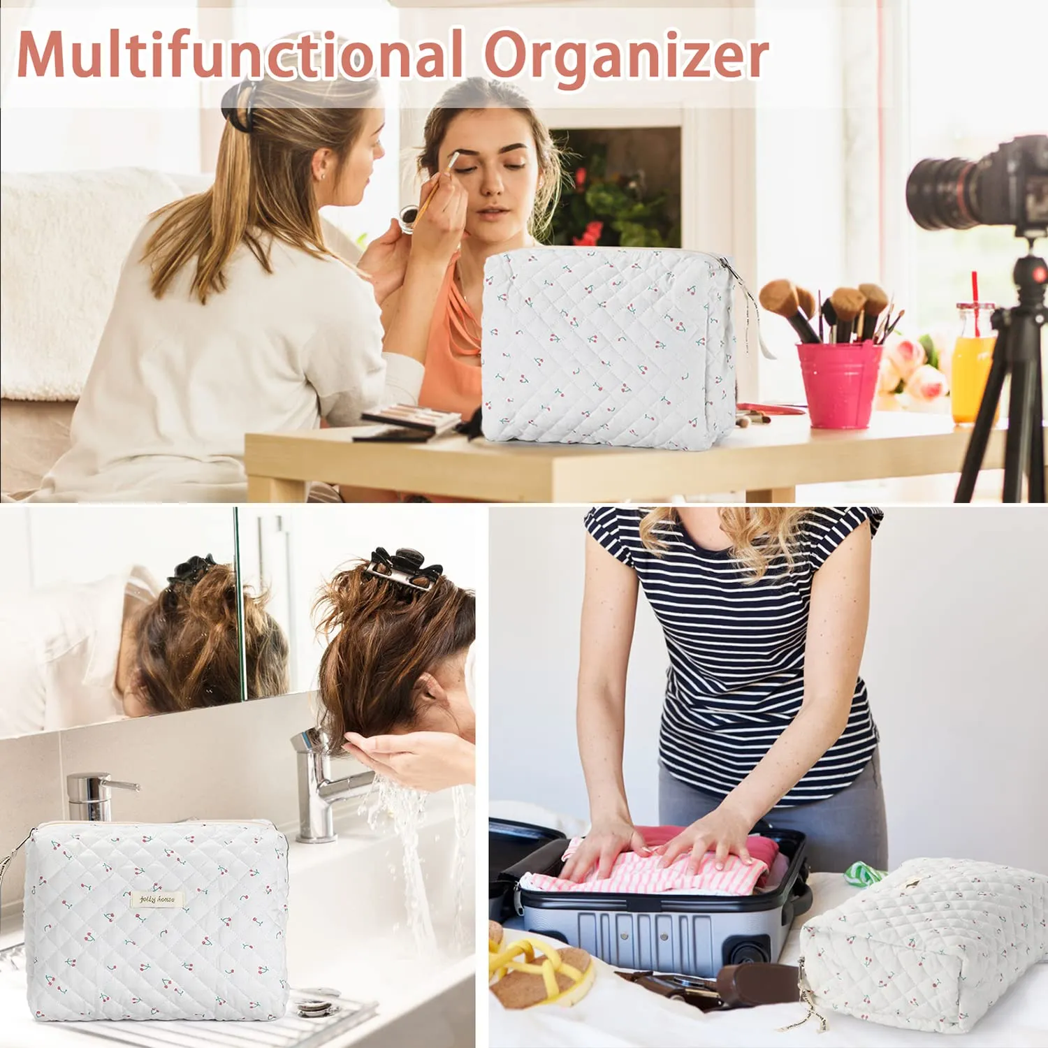 Sightor Cotton Makeup Bag, Kawaii Floral Cosmetic Bag Large Travel Toiletry Bag, Quilted Cosmetic Pouch for Women (White)