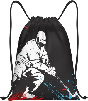 Sports-Themed Drawstring Bags with Printing a Playing Hockey Man Pattern, Kids Adults Drawstring Backpack Casual Knapsack Unisex, Black Shoulders Rucksack Bags for Gym Travel Swimming Yoga, Small