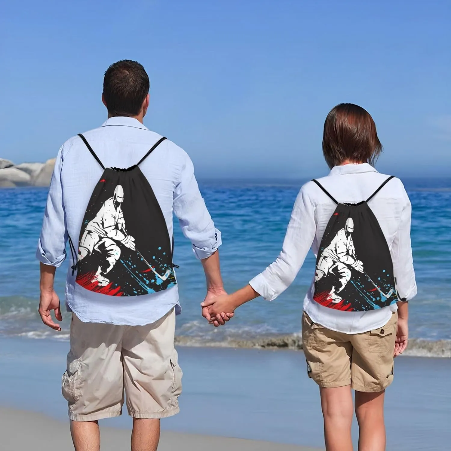 Sports-Themed Drawstring Bags with Printing a Playing Hockey Man Pattern, Kids Adults Drawstring Backpack Casual Knapsack Unisex, Black Shoulders Rucksack Bags for Gym Travel Swimming Yoga, Small