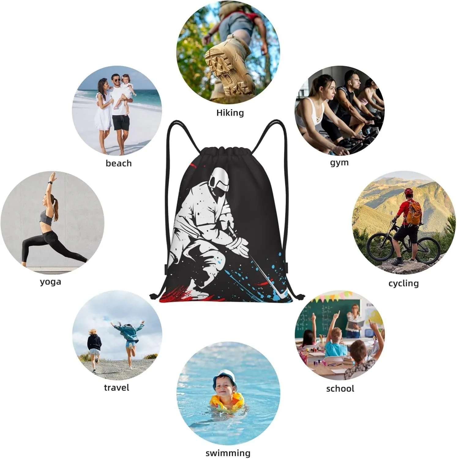 Sports-Themed Drawstring Bags with Printing a Playing Hockey Man Pattern, Kids Adults Drawstring Backpack Casual Knapsack Unisex, Black Shoulders Rucksack Bags for Gym Travel Swimming Yoga, Small