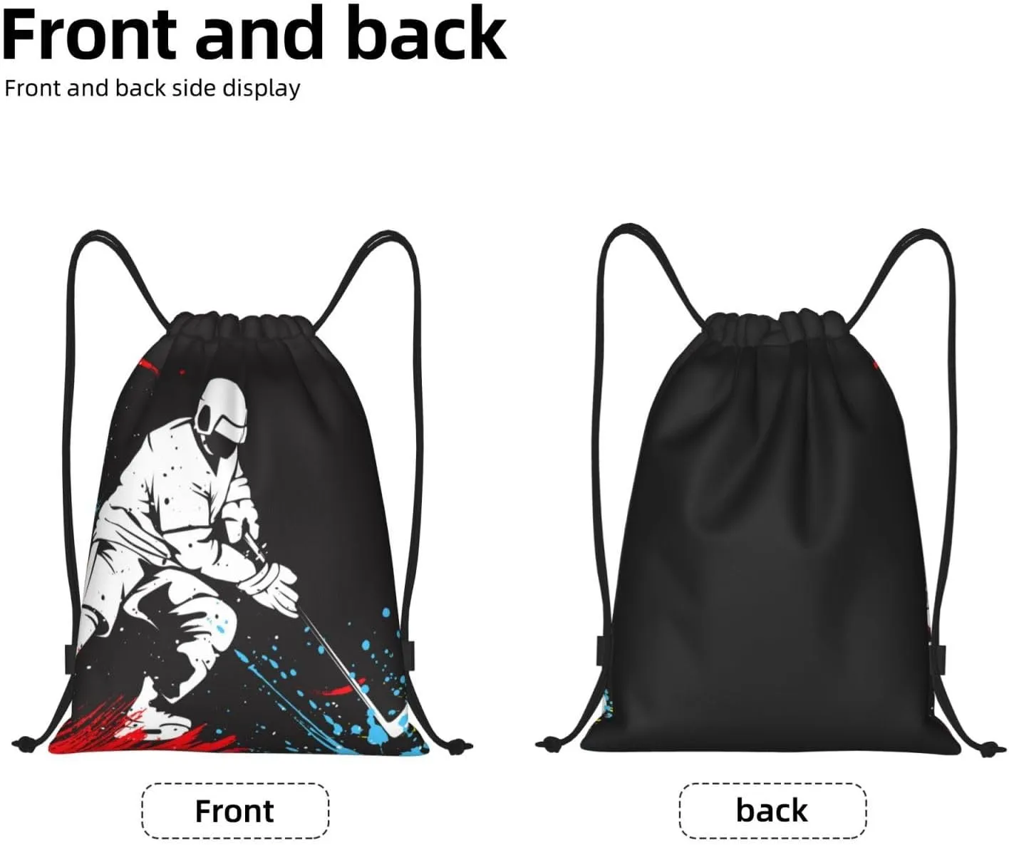 Sports-Themed Drawstring Bags with Printing a Playing Hockey Man Pattern, Kids Adults Drawstring Backpack Casual Knapsack Unisex, Black Shoulders Rucksack Bags for Gym Travel Swimming Yoga, Small
