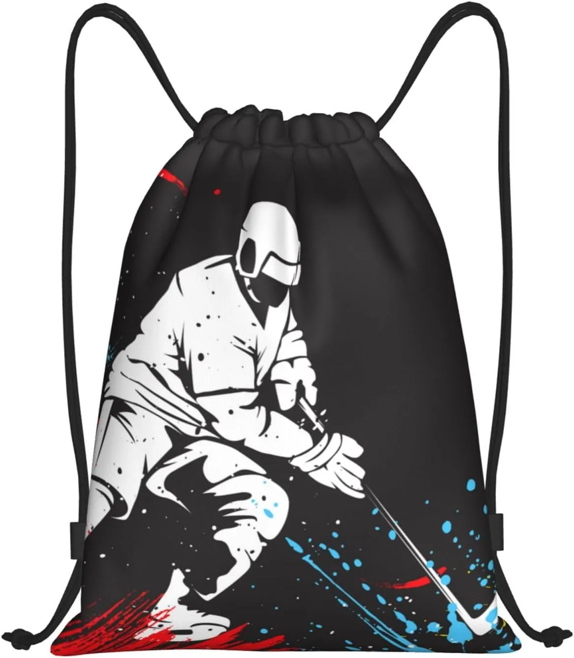 Sports-Themed Drawstring Bags with Printing a Playing Hockey Man Pattern, Kids Adults Drawstring Backpack Casual Knapsack Unisex, Black Shoulders Rucksack Bags for Gym Travel Swimming Yoga, Small