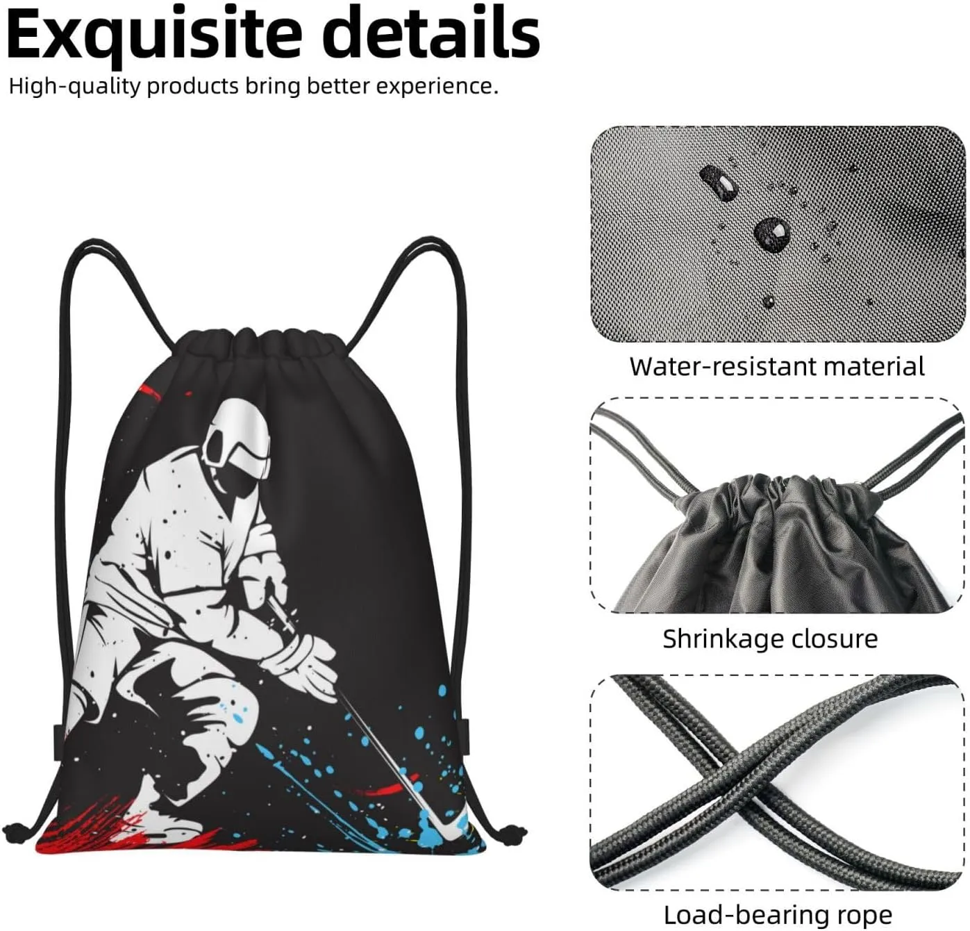 Sports-Themed Drawstring Bags with Printing a Playing Hockey Man Pattern, Kids Adults Drawstring Backpack Casual Knapsack Unisex, Black Shoulders Rucksack Bags for Gym Travel Swimming Yoga, Small