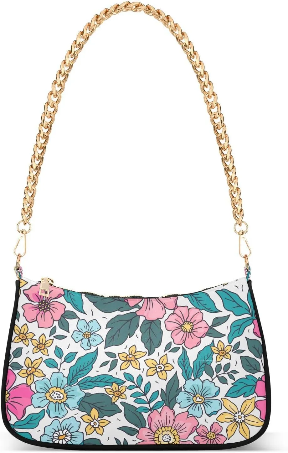 Spring Colorful Floral Shoulder Handbags for Women Travel Hobo Tote Handbag Women Gold Chain Shoulder Bags Purse with Zipper Closure