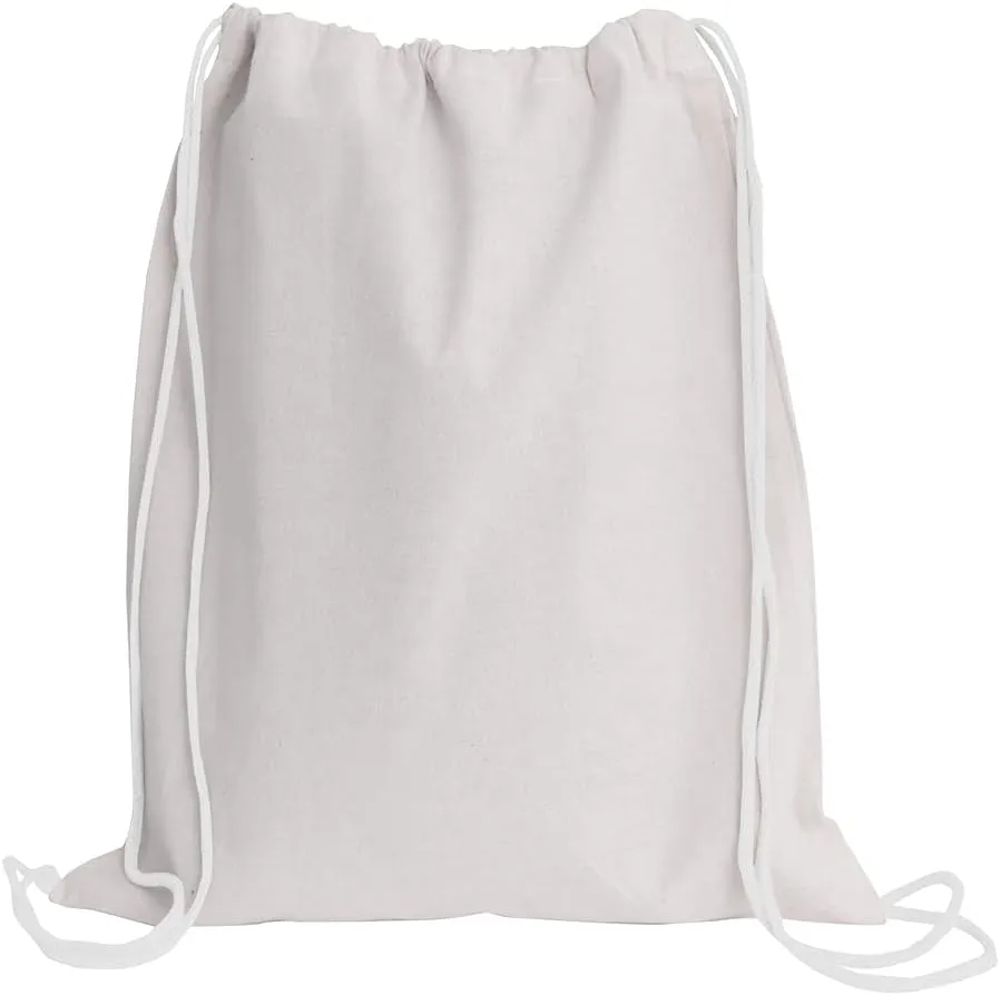 TBF Cotton Drawstring Backpack Gym Sack, Canvas Cinch Sport Pack for Men, Women (White, Set of 12)