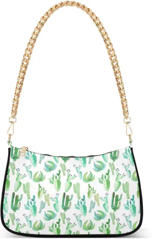Tropical Cactus Watercolor Shoulder Handbags for Women Travel Hobo Tote Handbag Women Gold Chain Shoulder Bags Purse with Zipper Closure