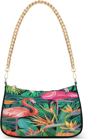 Tropical Flower Summer Flamingo Shoulder Handbags for Women Travel Hobo Tote Handbag Women Gold Chain Shoulder Bags Purse with Zipper Closure