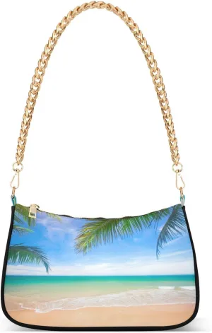 Tropical Palm Leaves Shoulder Handbags for Women Travel Hobo Tote Handbag Women Gold Chain Shoulder Bags Purse with Zipper Closure