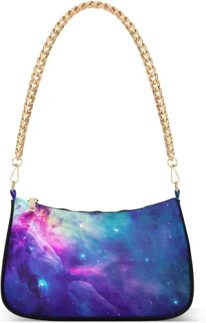 Universe Galaxy Nebula Space Shoulder Handbags for Women Travel Hobo Tote Handbag Women Gold Chain Shoulder Bags Purse with Zipper Closure