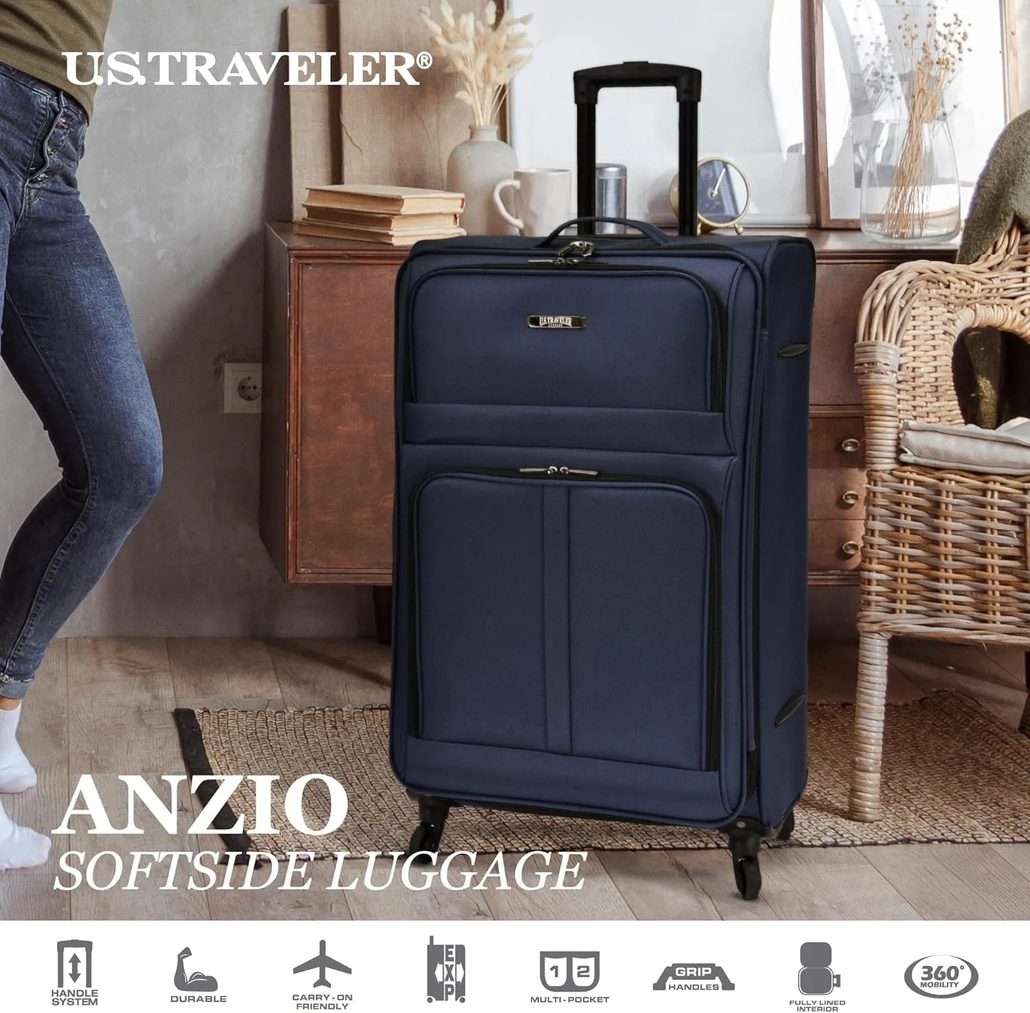 U.S. Traveler Anzio Softside Expandable Spinner Luggage, Teal, Carry-on 22-Inch