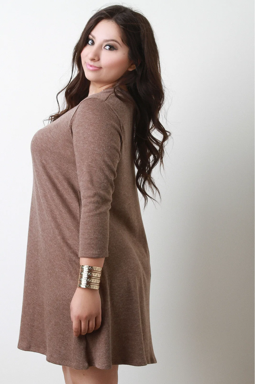 V-Neck Ribbed Knit Shift Dress