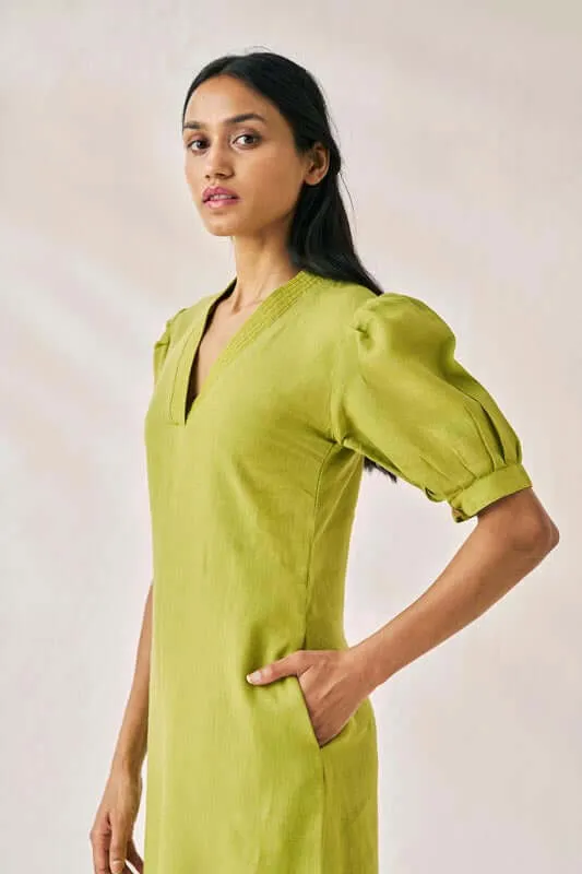 V-Neck Side Slit Dress Kiwi Green