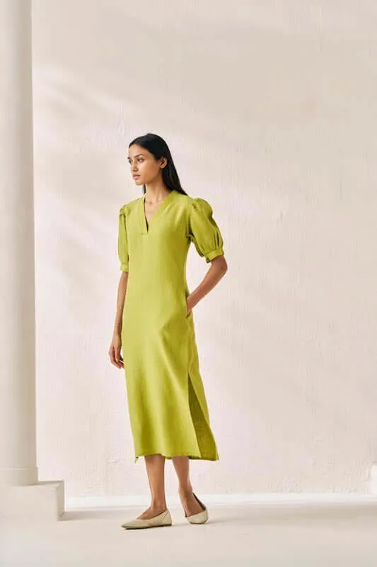 V-Neck Side Slit Dress Kiwi Green