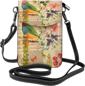 Vintage Bird Print Small Crossbody Bags for Women Leather Cell Phone Purses Mini Leather Shoulder Handbag Adjustable Strap