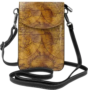 Vintage Map Print Small Crossbody Bags for Women Leather Cell Phone Purses Mini Leather Shoulder Handbag Adjustable Strap