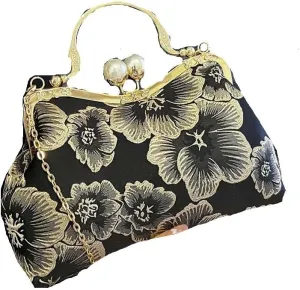 Vintage Women Flower Purse and Handbags Evening Clutch Embroidery Chain Crossbody Bags Wedding Dinner Shell Clip Handle Bags (Color : Black)
