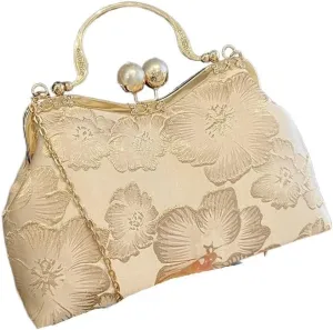Vintage Women Flower Purse and Handbags Evening Clutch Embroidery Chain Crossbody Bags Wedding Dinner Shell Clip Handle Bags (Color : Gold)