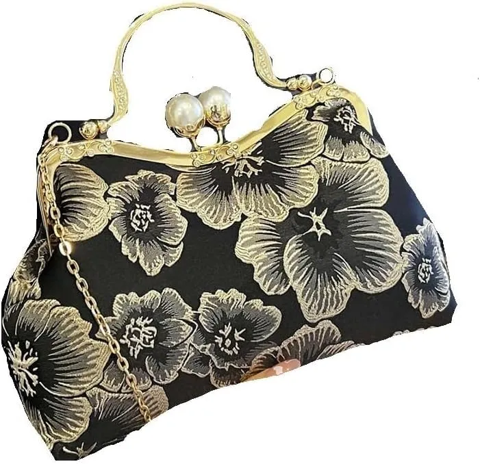 Vintage Women Flower Purse and Handbags Evening Clutch Embroidery Chain Crossbody Bags Wedding Dinner Shell Clip Handle Bags