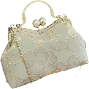 Vintage Women Flower Purse and Handbags Evening Clutch Embroidery Chain Crossbody Bags Wedding Dinner Shell Clip Handle (Color : Green, Size : (28cm-17cm-8cm))
