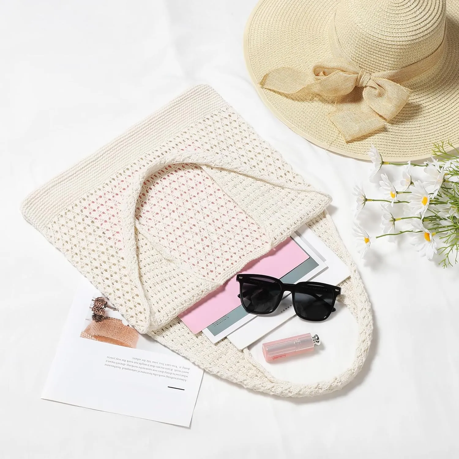 WantGor Crochet Bags, Beach Mesh Tote Bag Womens Shoulder Shopping Handbag Casual Travel Totes Bag Foldable Hobo Bags