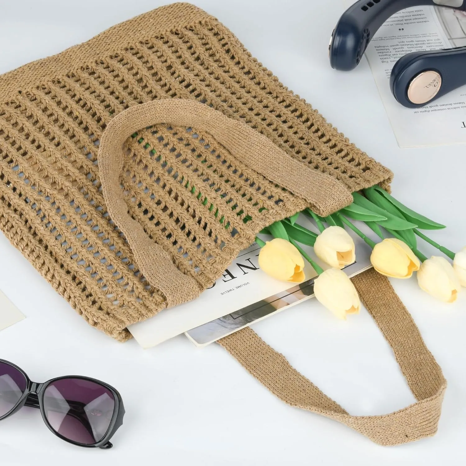 WantGor Crochet Bags, Beach Mesh Tote Bag Womens Shoulder Shopping Handbag Casual Travel Totes Bag Foldable Hobo Bags